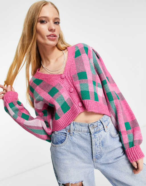 Only textured cardigan in pink and green check | ASOS