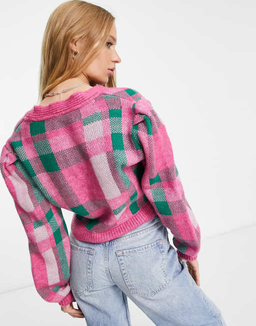 ONLY オンリー Only textured cardigan in pink and green check