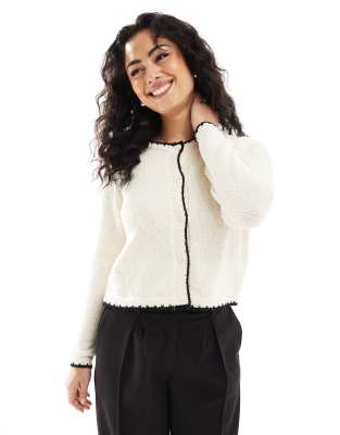 textured cardigan with contrast details in cream-White