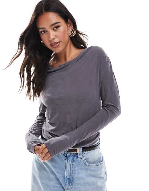 ONLY textured long sleeve cowl neck top in gray | ASOS ONLY textured long sleeve cowl neck top in gray | ASOS
