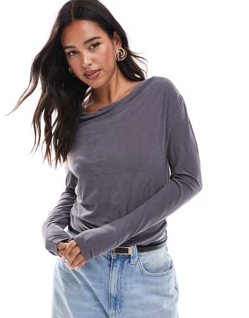 ONLY textured long sleeve cowl neck top in gray