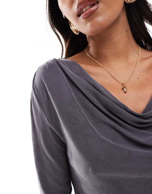 ONLY textured long sleeve cowl neck top in gray | ASOS