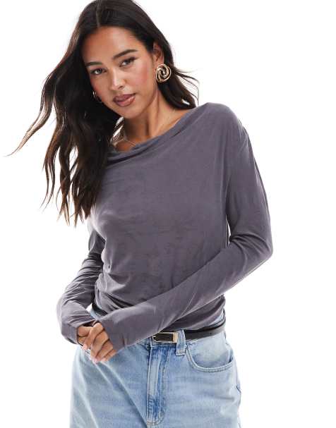ONLY textured long sleeve cowl neck top in grey - view 1