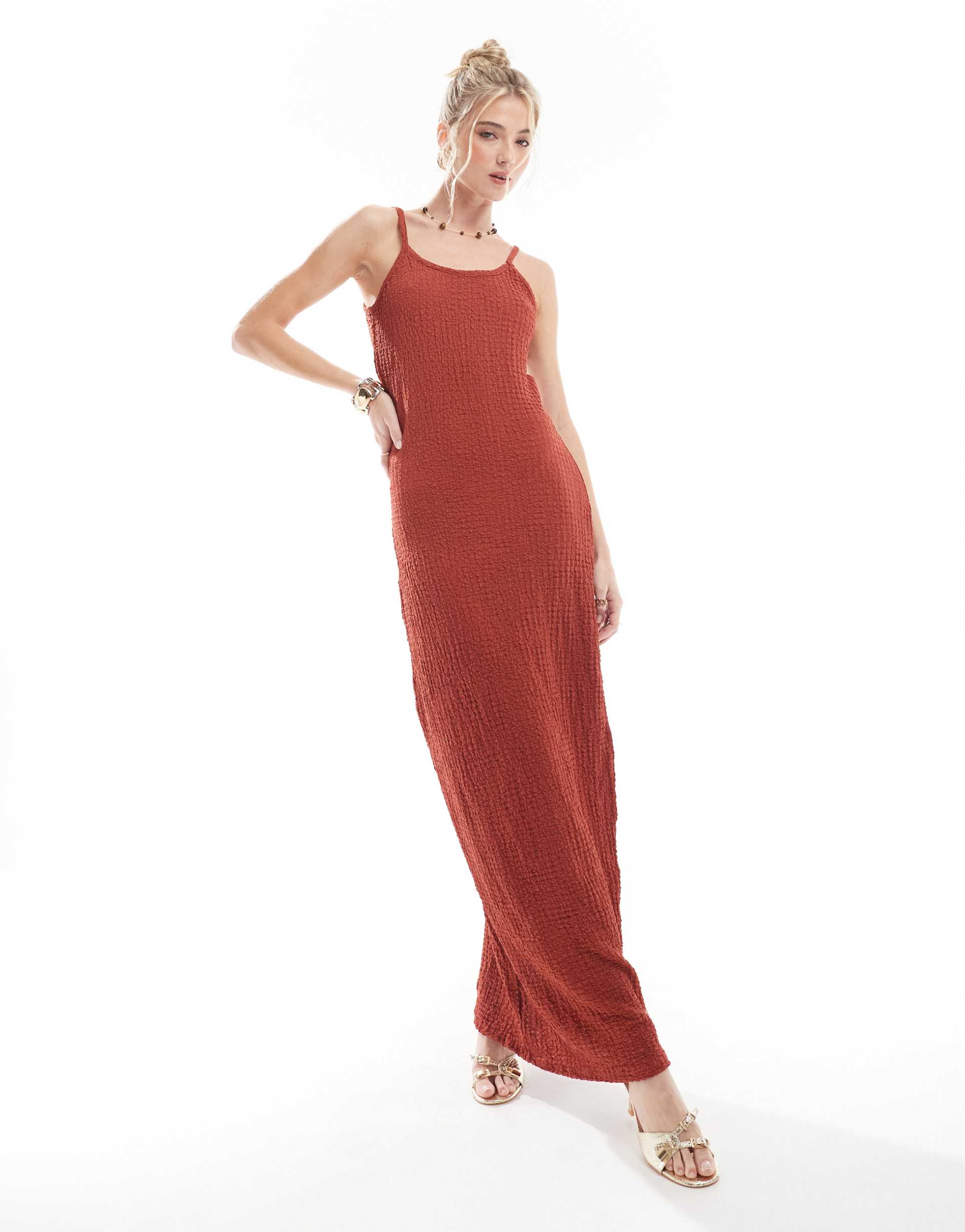 only textured maxi cami dress in rust red