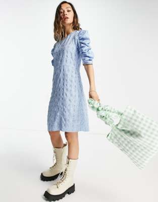 textured mini dress with ruched sleeves in blue check-Multi
