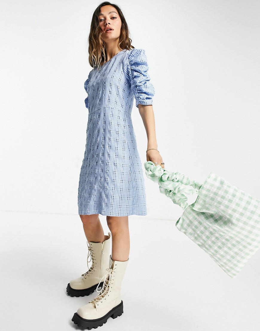 Only textured mini dress with ruched sleeves in blue check-Multi