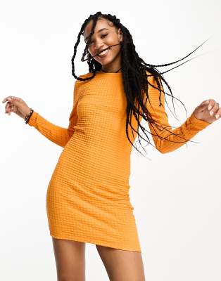 Only textured open back mini dress in orange