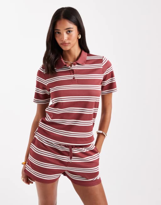 ONLY textured polo shirt in burgundy stripes (Part of a set)