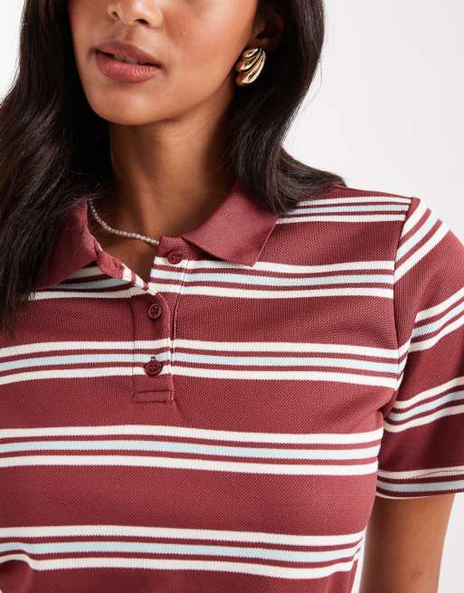 ONLY textured polo shirt in burgundy with white stripes - part of a set, 2 of 4
