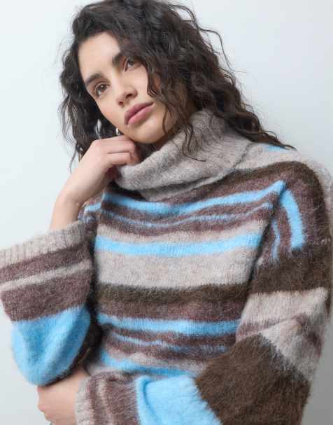 ONLY textured roll neck jumper in blue & brown stripes - view 1
