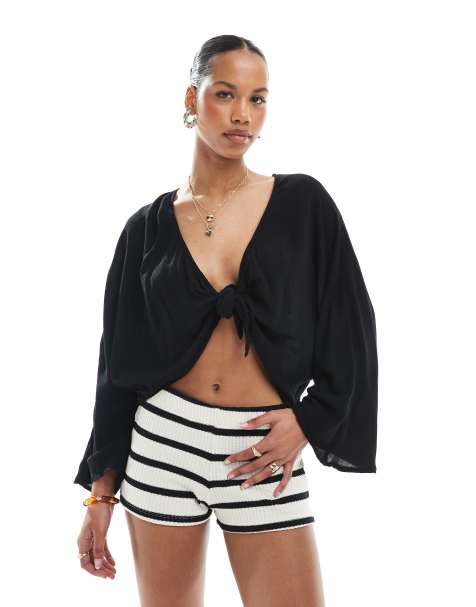 ONLY textured tie front floaty top in black - view 1