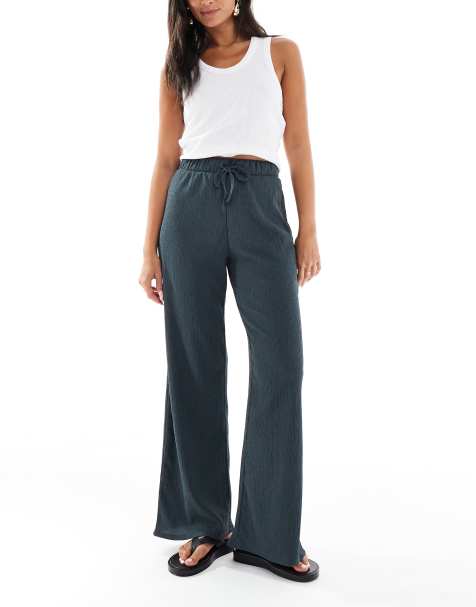 ONLY textured tie waist wide leg pants in grey - view 1