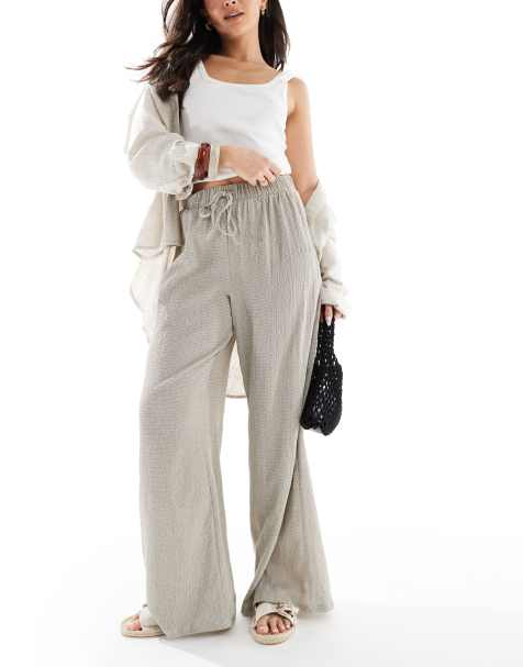 ONLY textured tie waist wide leg trouser in taupe - view 1