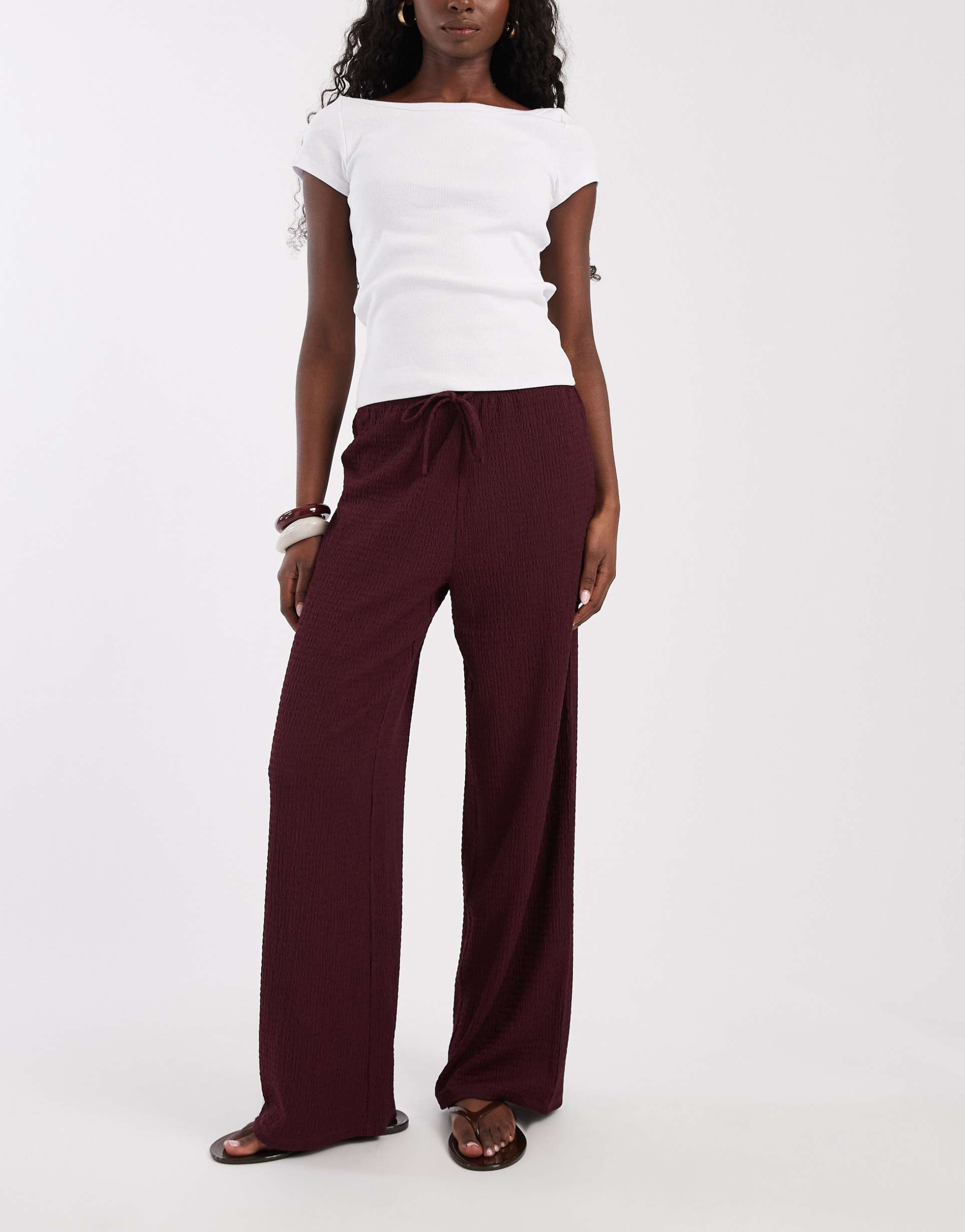 only textured wide leg pants in burgundy