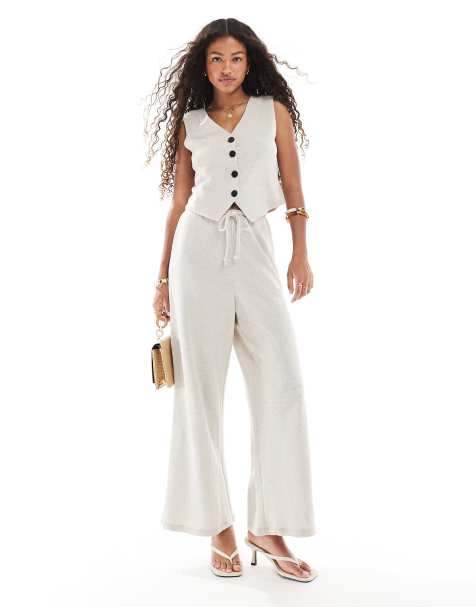 ONLY textured wide leg tailored trousers co-ord in stone - view 1
