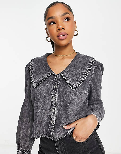 Only thea frill collar denim smock top in grey
