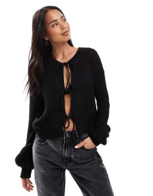 tie detail knitted cardigan in black