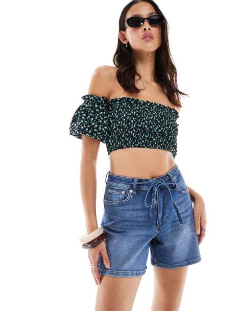 ONLY tie detail loose fit denim short in mid wash blue - view 1