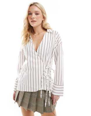 tie detail shirt in white and burgundy stripes-Red