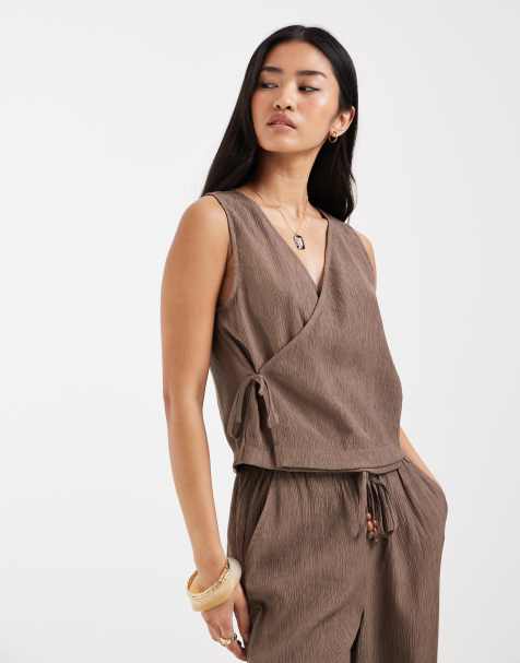ONLY tie detail top co-ord in light brown - view 1