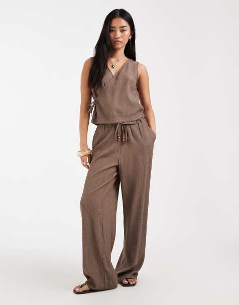 ONLY tie detail top & tie detail wide leg pants set in light brown - view 1