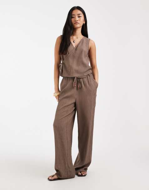 ONLY tie detail wide leg trousers co-ord in light brown - view 1