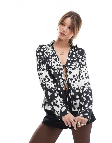 ONLY tie front blouse in mono dots  - view 1