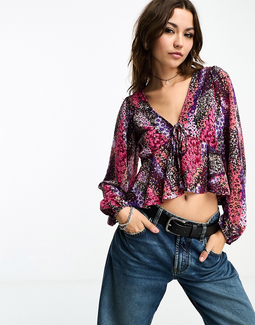 ONLY tie front blouse in multi patchwork floral