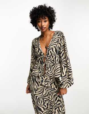 Only Tie Front Blouse In Zebra Print-multi