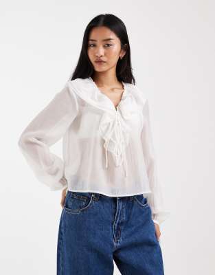 ONLY tie front blouse with ruffle detail in white | ASOS