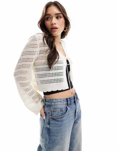 ONLY tie front crochet cardigan in stone - view 1