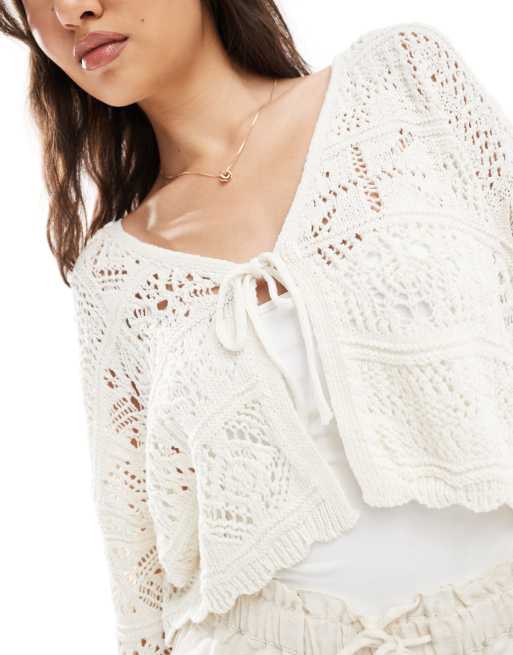 ONLY tie front crochet cardigan in white ASOS