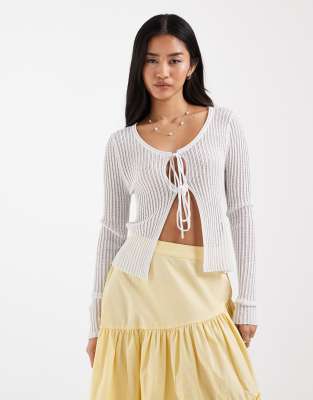 Only Tie Front Crochet Rib Knit Cardigan In White