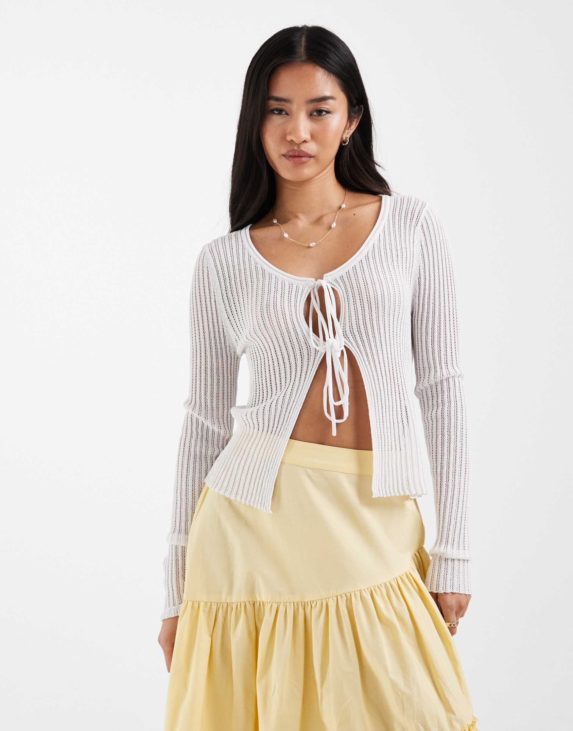 only tie front crochet rib knit cardigan in white