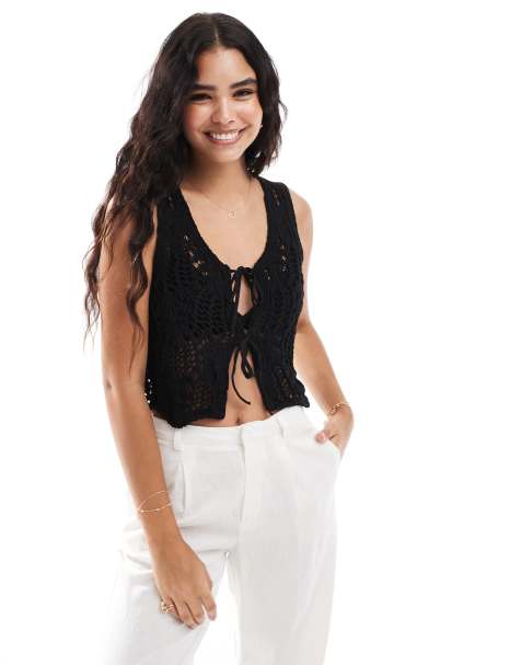 ONLY tie front crochet vest in black - view 1
