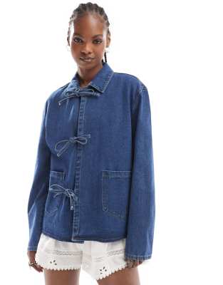 Only Tie Front Denim Jacket In Mid Wash-blue