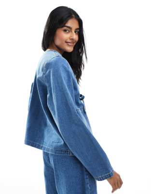 Shop Only Tie Front Denim Shacket In Blue