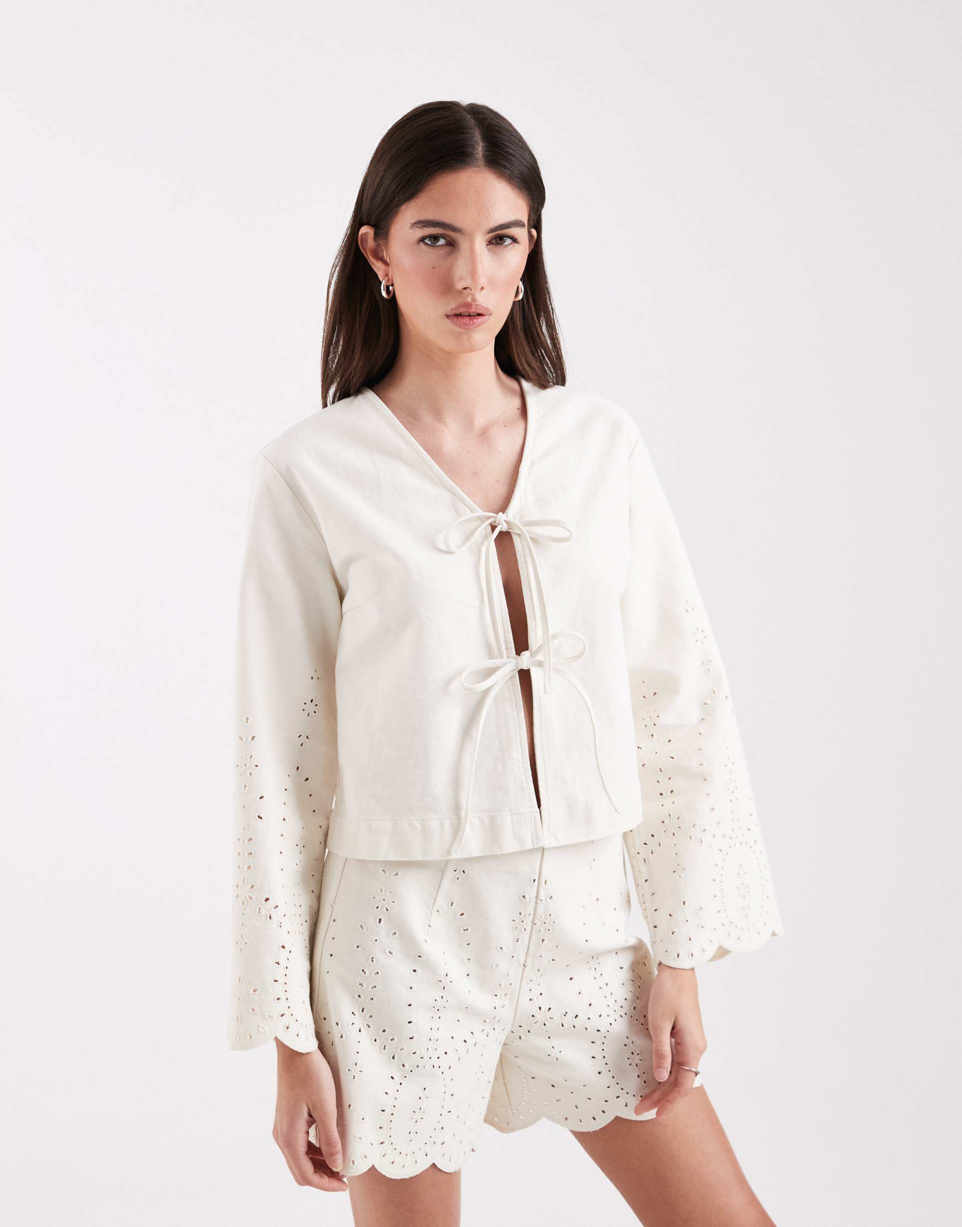 only tie front jacket with eyelet detailing in ecru - part of a set