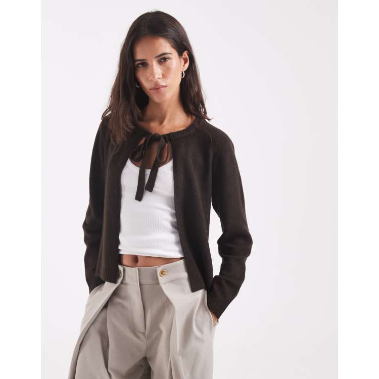 ONLY tie front knit cardigan in chocolate brown | ASOS