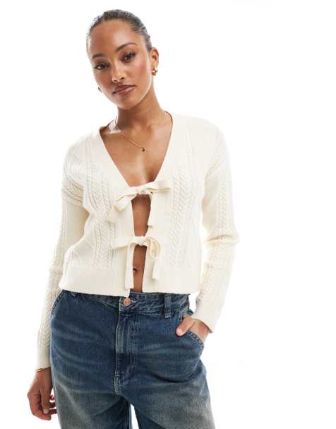 ONLY tie front knit cardigan in cream - view 1