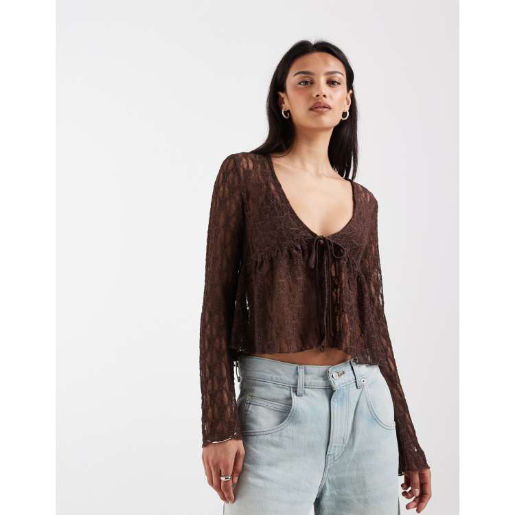 ONLY tie front lace cardigan in brown | ASOS