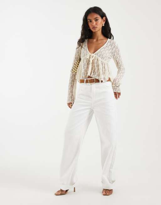 ONLY tie front lace cardigan in cream, 3 of 4
