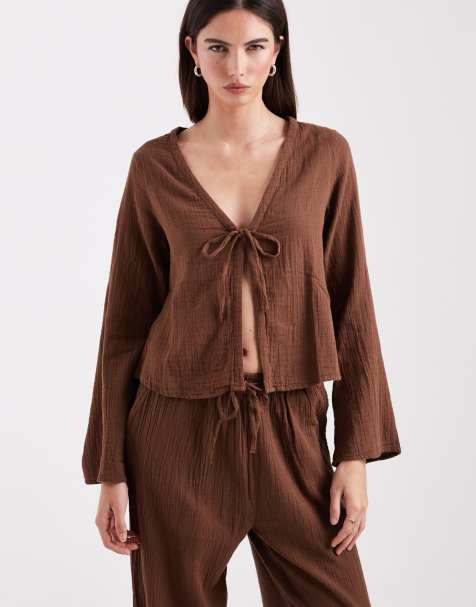 ONLY tie front long sleeve cheesecloth top in brown (part of a set) - view 1