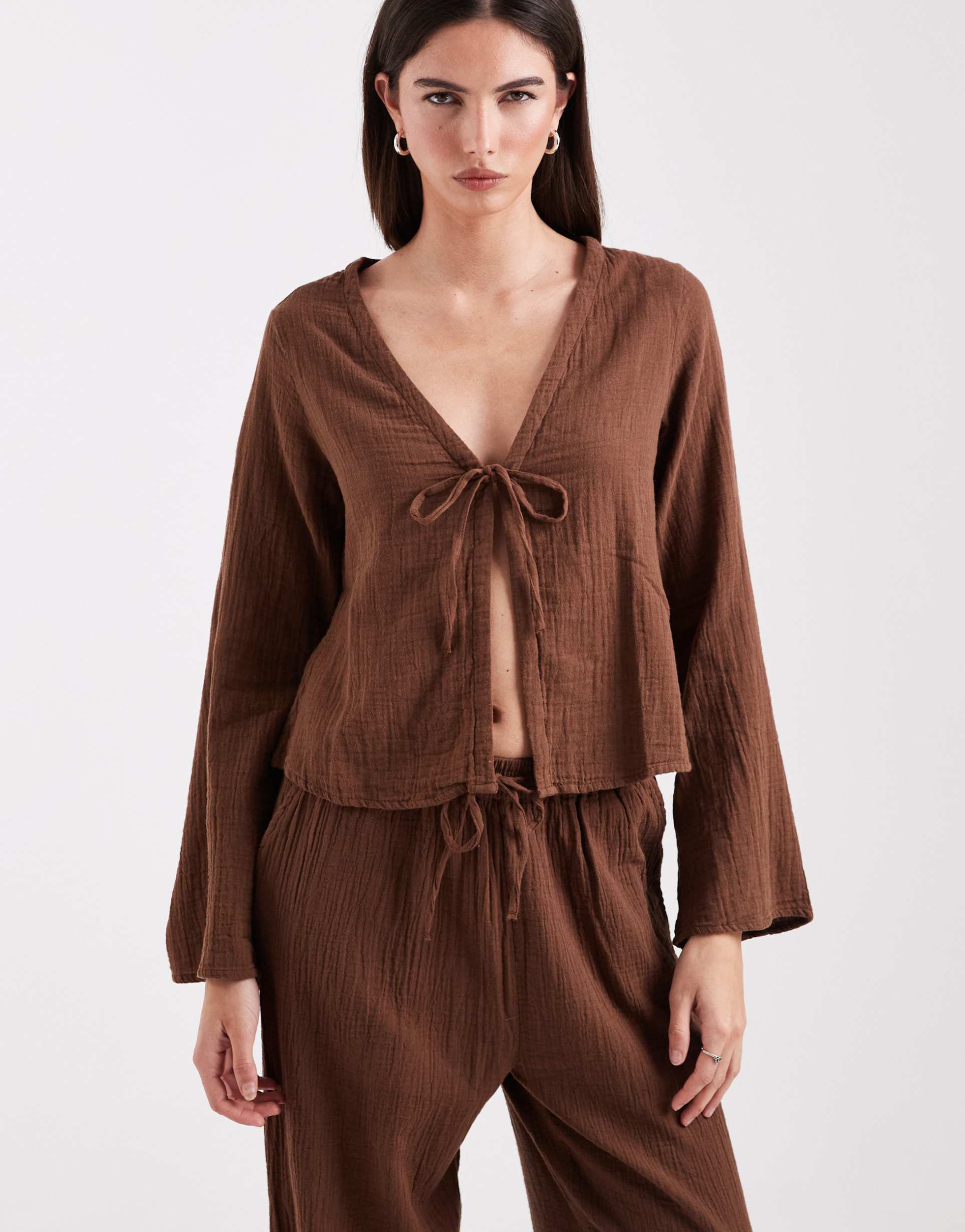 only tie front long sleeve cheesecloth top in brown - part of a set