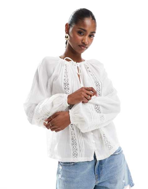 ONLY tie front long sleeve top with embroidery details in white - view 1