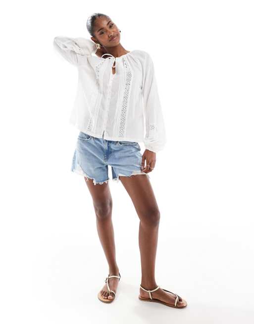 ONLY tie front long sleeve top with embroidery details in white, 3 of 4