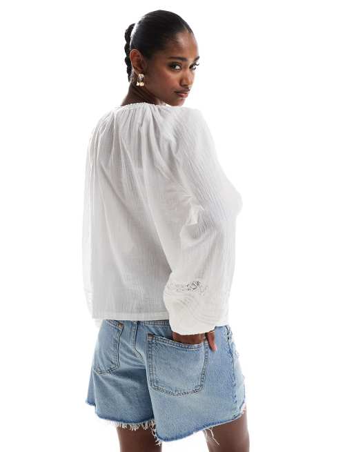 ONLY tie front long sleeve top with embroidery details in white, 4 of 4