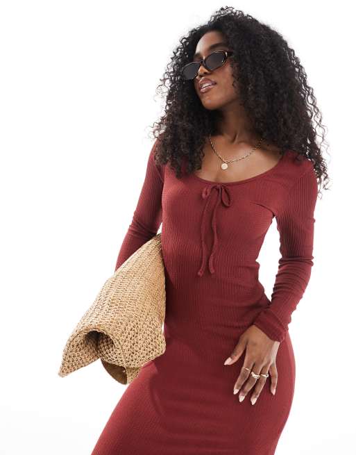 ONLY tie front maxi dress in burgundy, 2 of 4