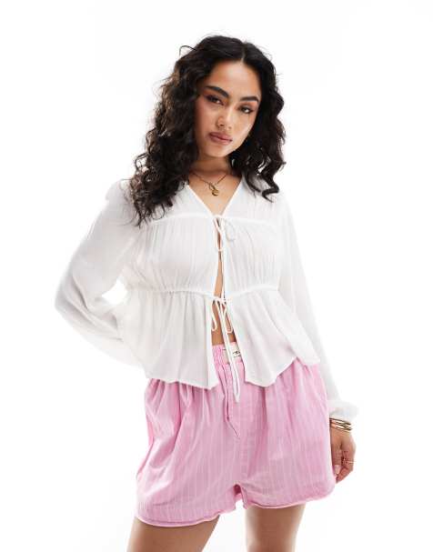 ONLY tie front plisse top in white - view 1