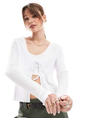 tie front pointelle cardigan in white